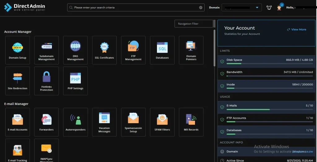 direct admin control panel