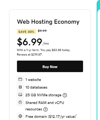 Web hosting price from GoDaddy