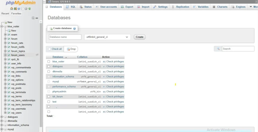 phpmyadmin dashboard