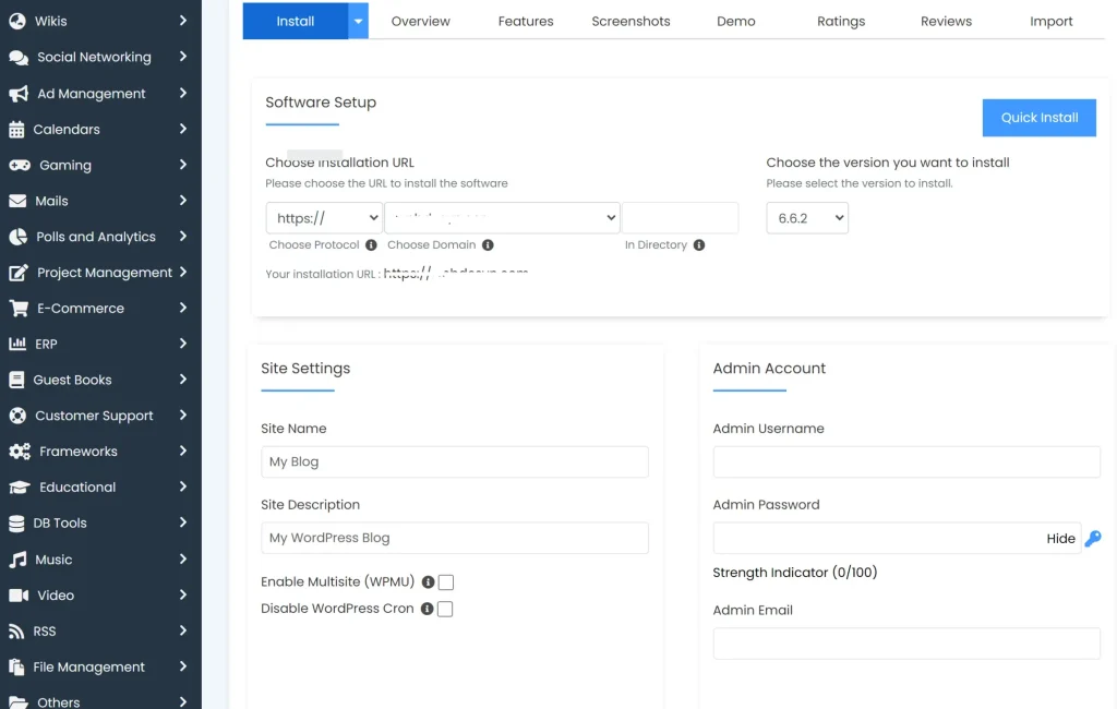 softaculous wordpress installation