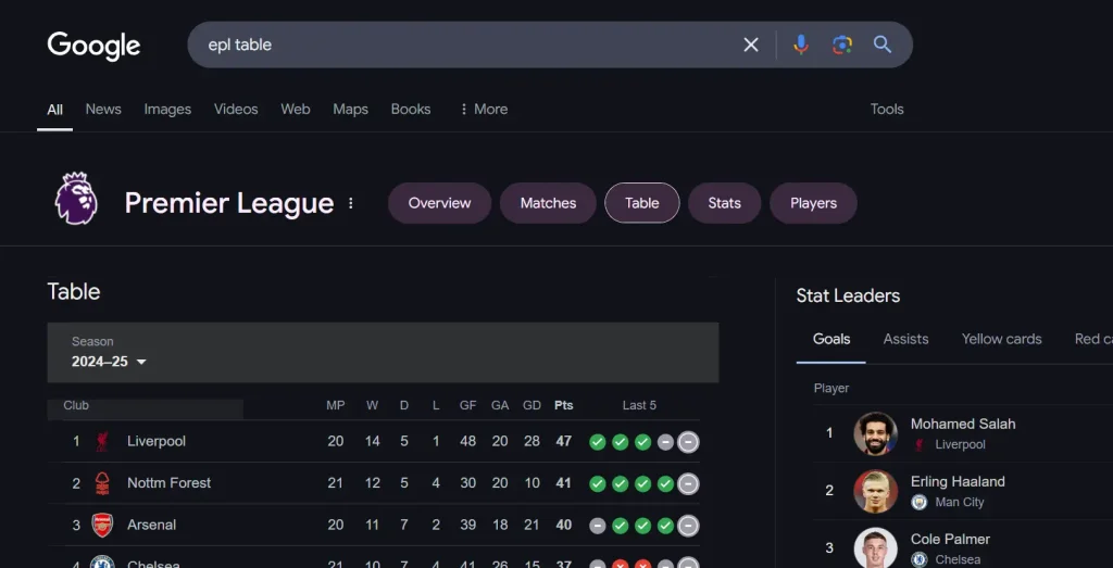 epl table google search